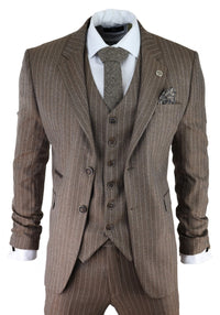 Terno masculino de 3 peças em tweed espinha de peixe com risca de giz marrom carvalho