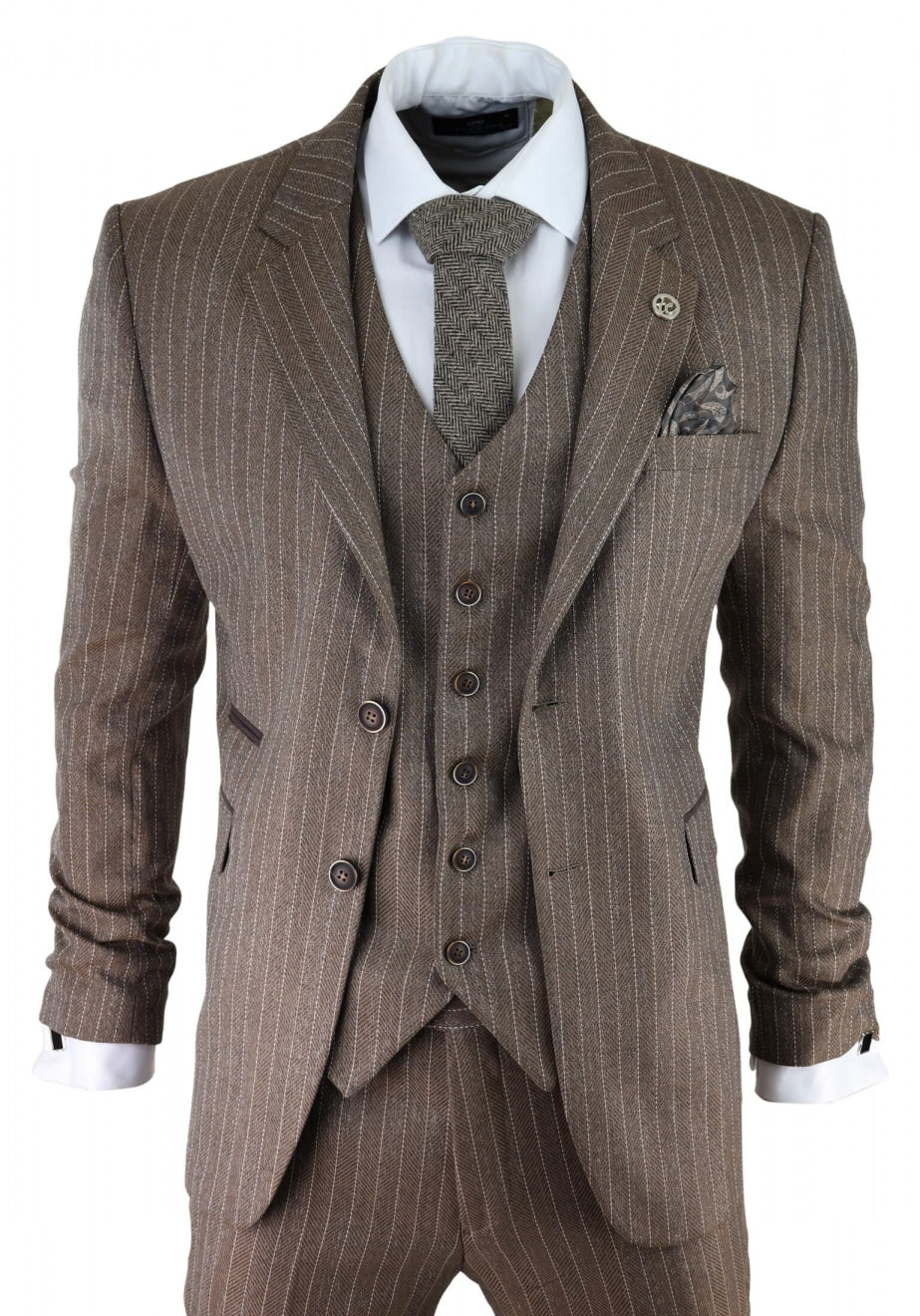 Terno masculino de 3 peças em tweed espinha de peixe com risca de giz marrom carvalho