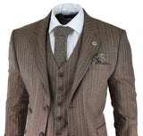 Terno masculino de 3 peças em tweed espinha de peixe com risca de giz marrom carvalho