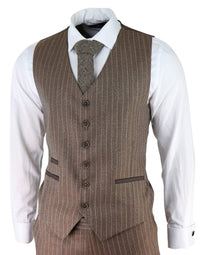 Terno masculino de 3 peças em tweed espinha de peixe com risca de giz marrom carvalho