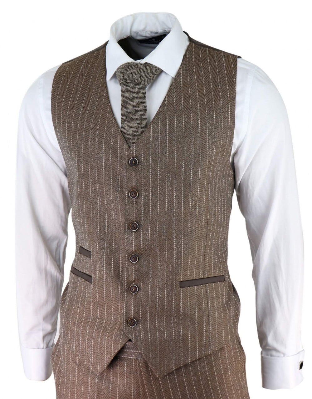Terno masculino de 3 peças em tweed espinha de peixe com risca de giz marrom carvalho