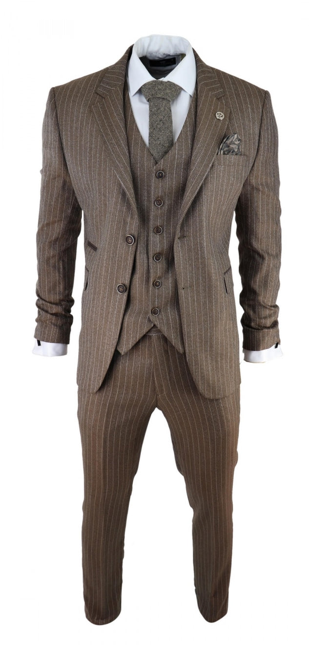 Terno masculino de 3 peças em tweed espinha de peixe com risca de giz marrom carvalho