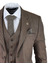 Terno masculino de 3 peças em tweed espinha de peixe com risca de giz marrom carvalho