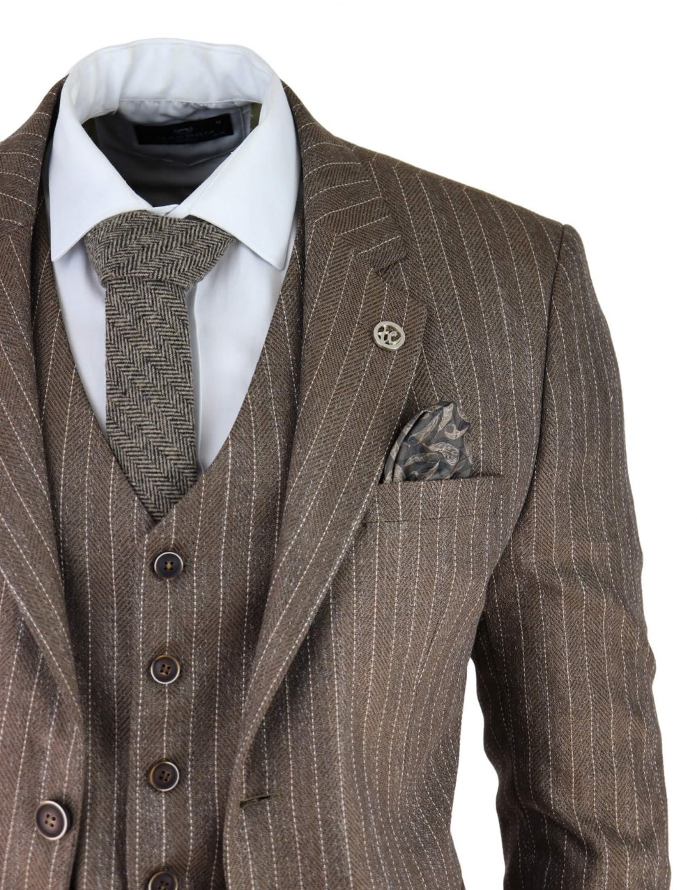 Terno masculino de 3 peças em tweed espinha de peixe com risca de giz marrom carvalho