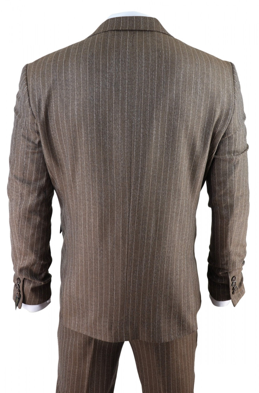 Terno masculino de 3 peças em tweed espinha de peixe com risca de giz marrom carvalho