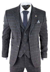Terno masculino de três peças em xadrez tartan cinza