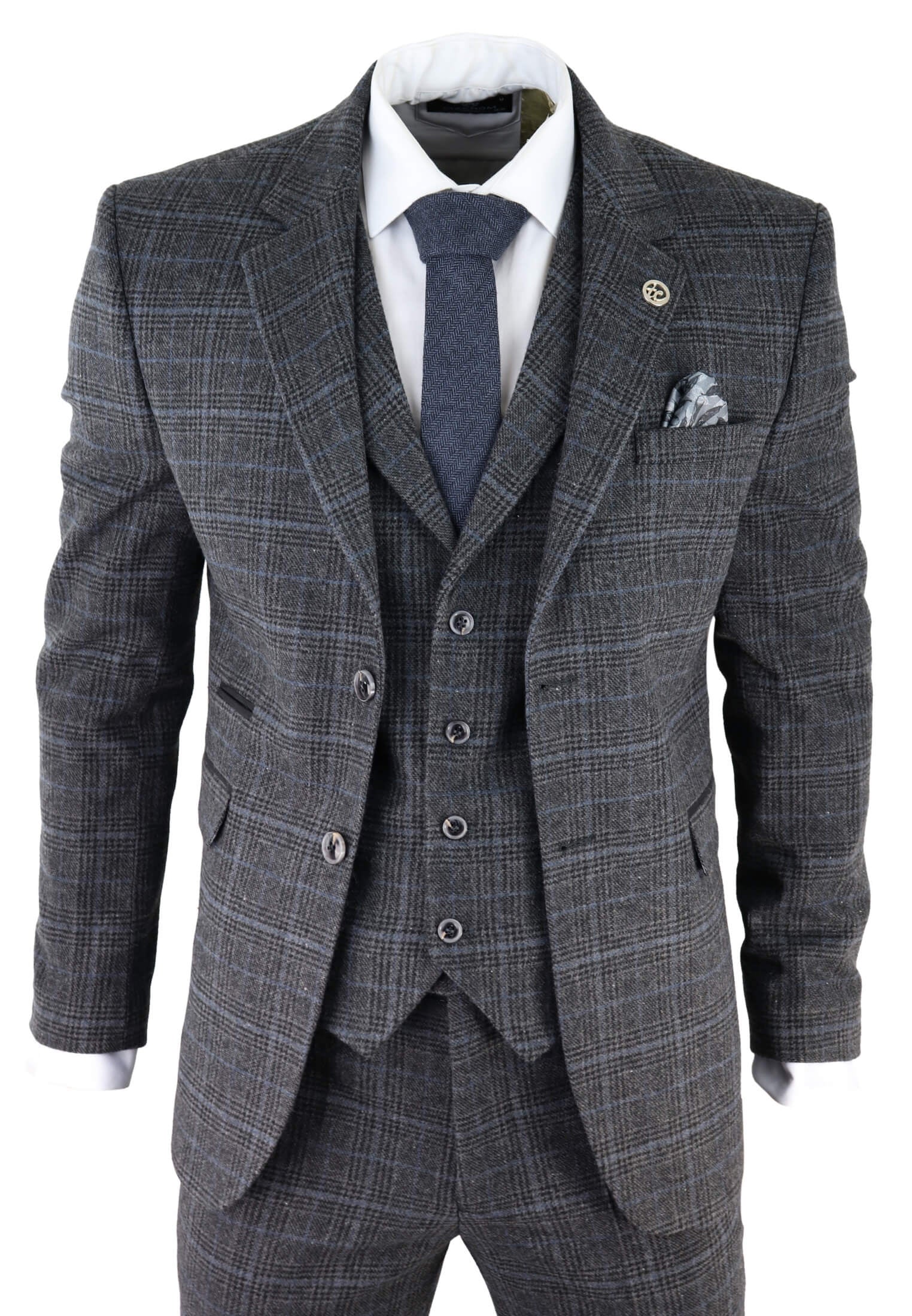Terno masculino de três peças em xadrez tartan cinza