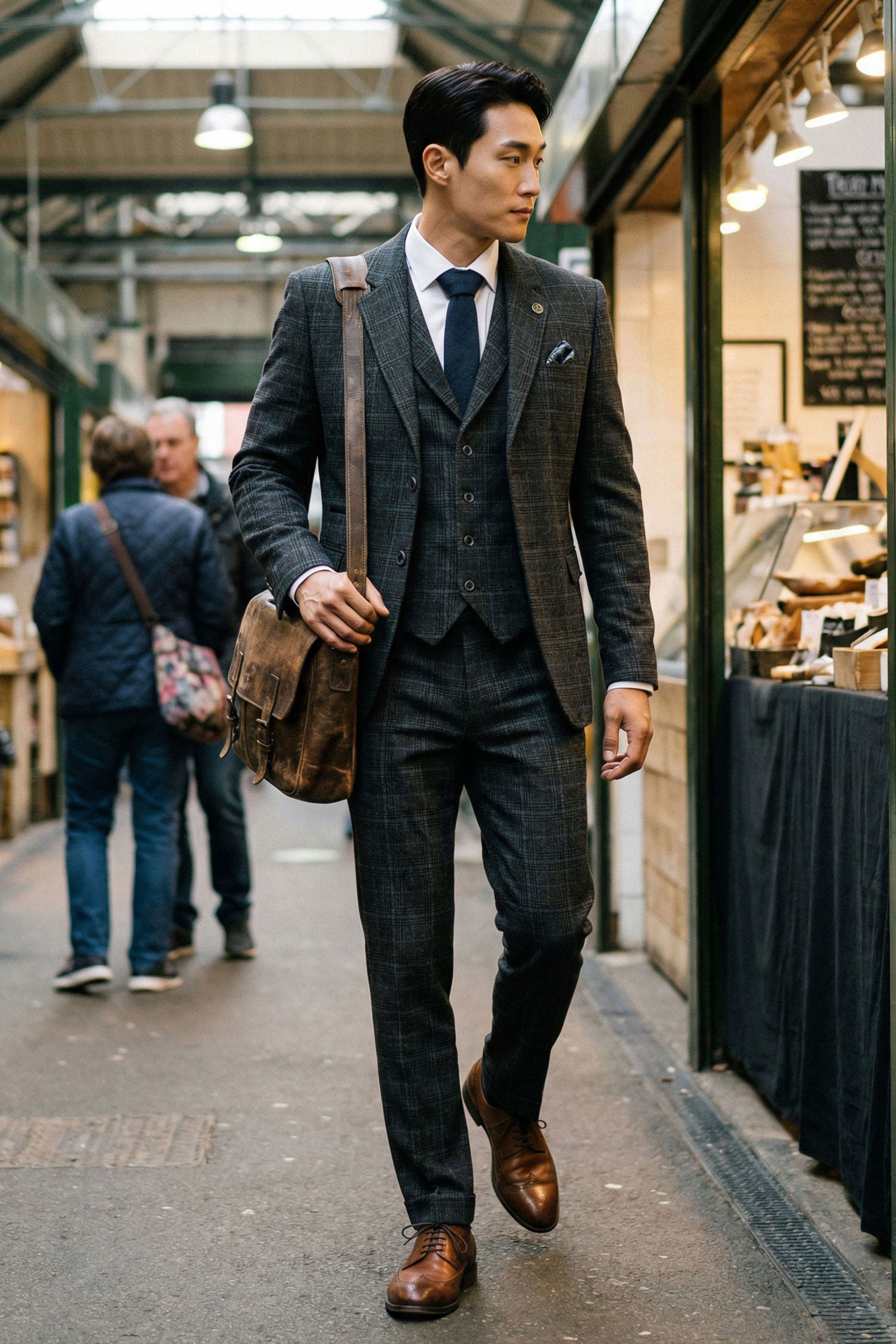 Terno masculino de três peças em xadrez tartan cinza