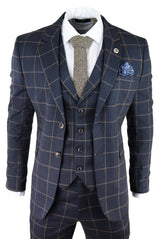 Terno masculino azul-marinho com estampa xadrez janela, 3 peças.