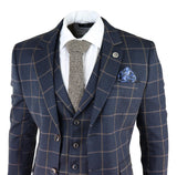 Terno masculino azul-marinho com estampa xadrez janela, 3 peças.