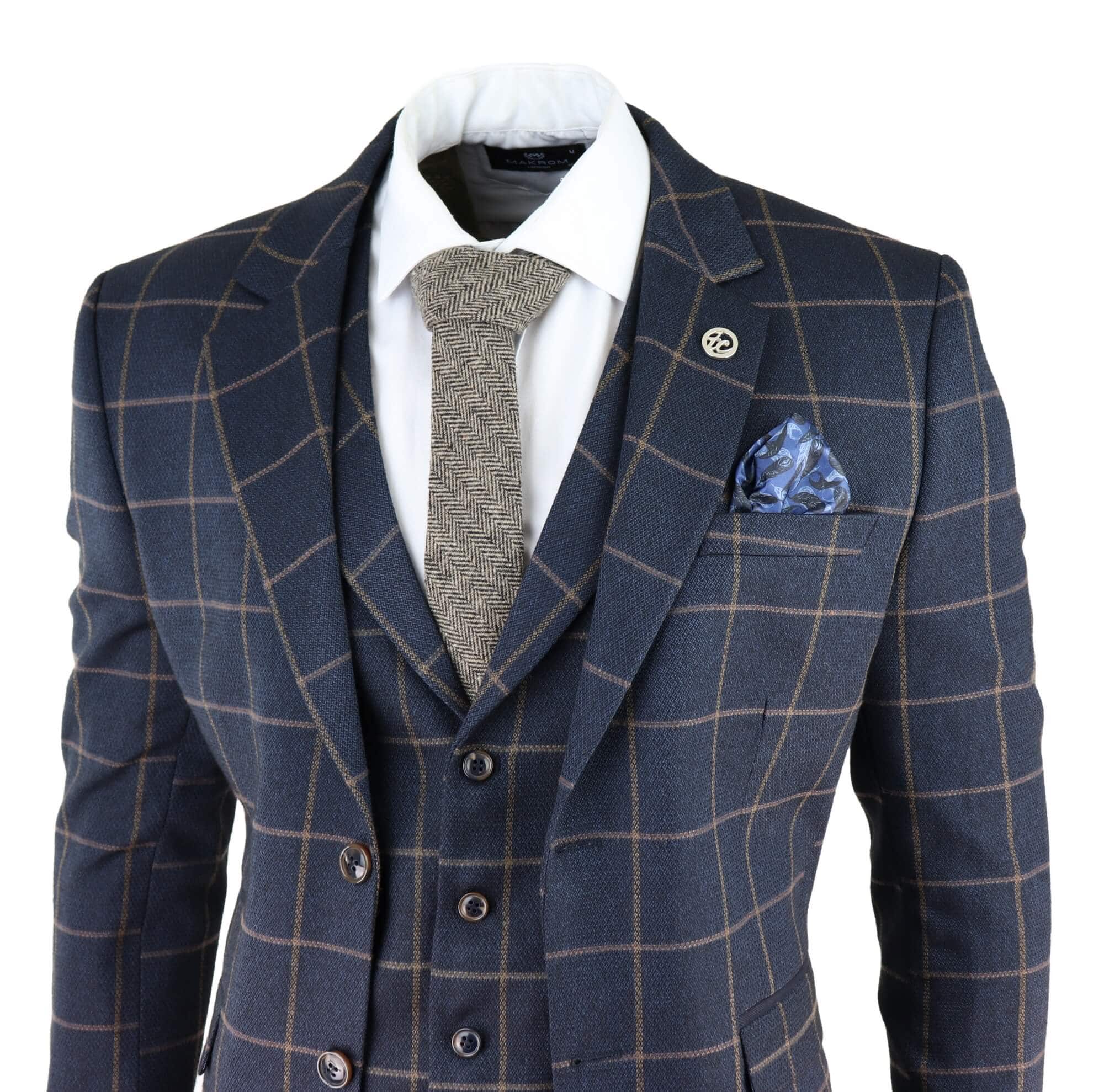 Terno masculino azul-marinho com estampa xadrez janela, 3 peças.