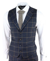 Terno masculino azul-marinho com estampa xadrez janela, 3 peças.