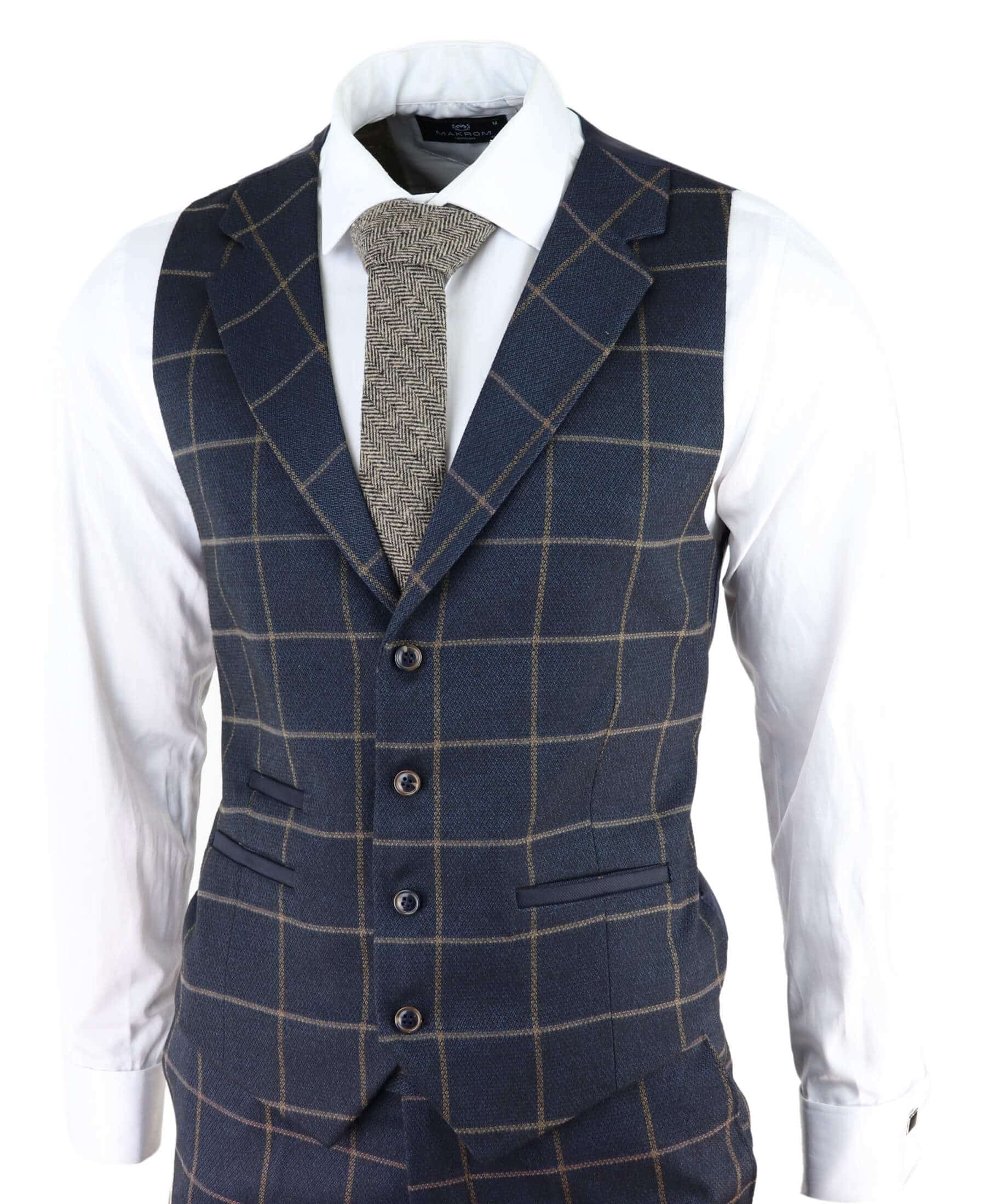Terno masculino azul-marinho com estampa xadrez janela, 3 peças.