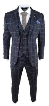 Terno masculino azul-marinho com estampa xadrez janela, 3 peças.