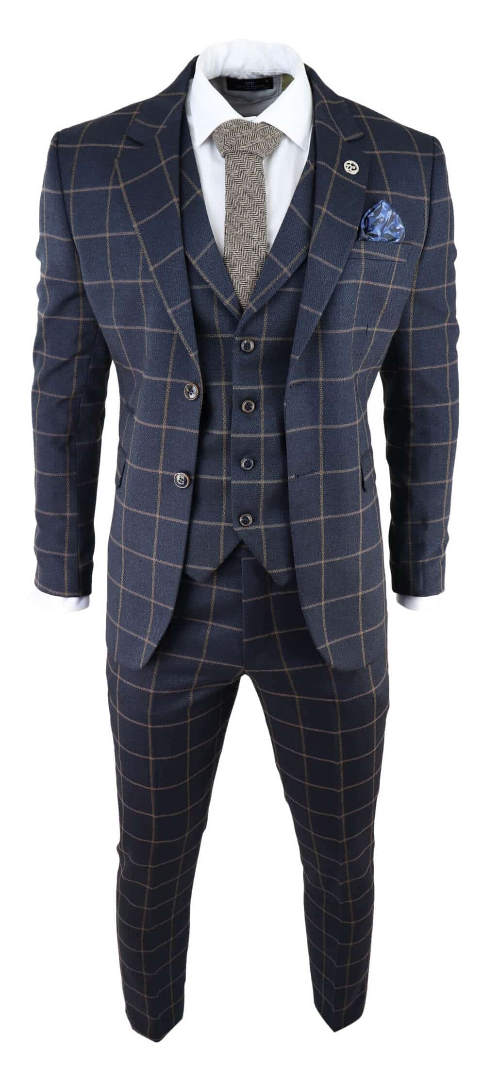 Terno masculino azul-marinho com estampa xadrez janela, 3 peças.