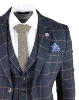 Terno masculino azul-marinho com estampa xadrez janela, 3 peças.
