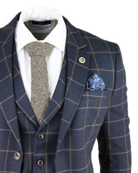 Terno masculino azul-marinho com estampa xadrez janela, 3 peças.
