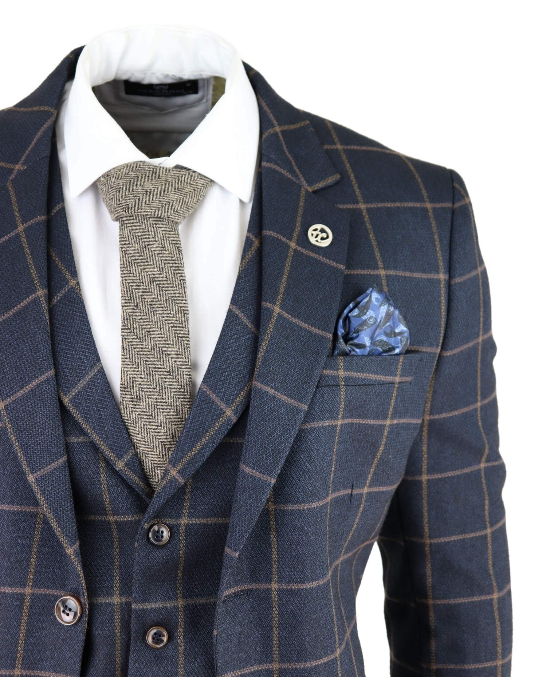 Terno masculino azul-marinho com estampa xadrez janela, 3 peças.