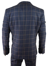 Terno masculino azul-marinho com estampa xadrez janela, 3 peças.