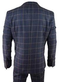 Terno masculino azul-marinho com estampa xadrez janela, 3 peças.