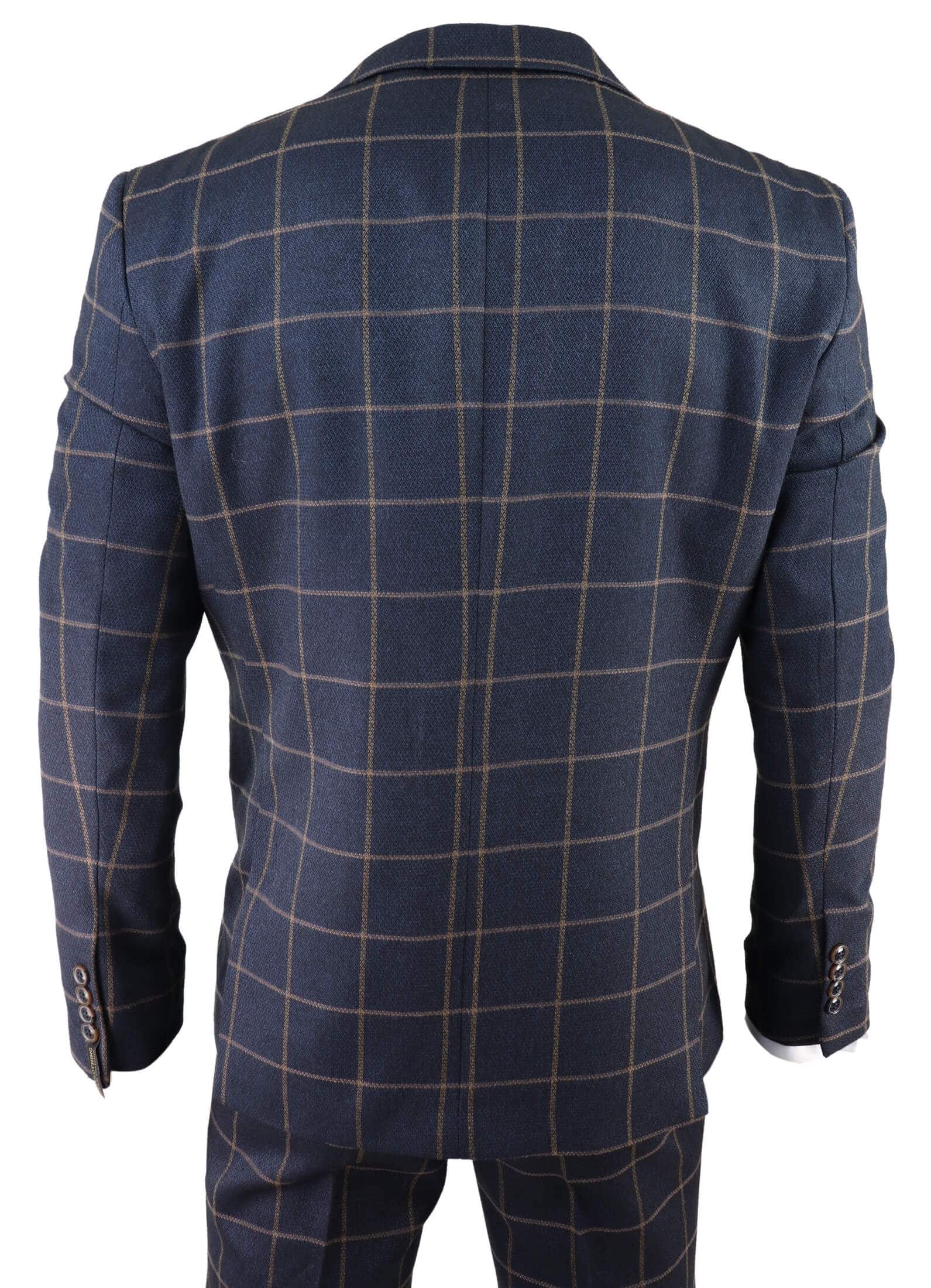 Terno masculino azul-marinho com estampa xadrez janela, 3 peças.