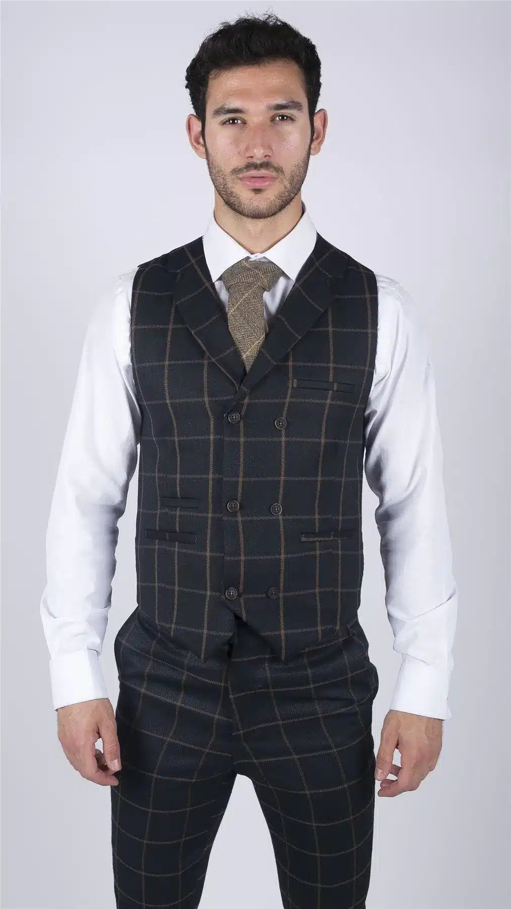 Colete masculino clássico xadrez Príncipe de Gales, azul-marinho, corte slim, estilo vintage para casamento.