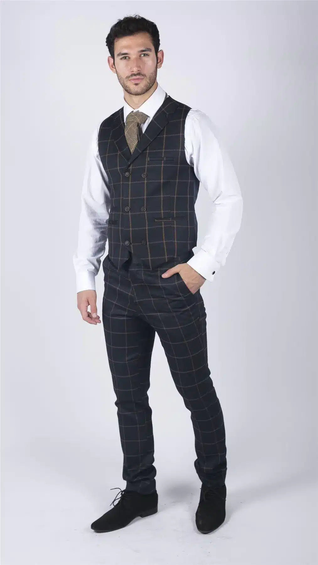 Colete masculino clássico xadrez Príncipe de Gales, azul-marinho, corte slim, estilo vintage para casamento.