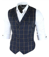 Colete masculino clássico xadrez Príncipe de Gales, azul-marinho, corte slim, estilo vintage para casamento.