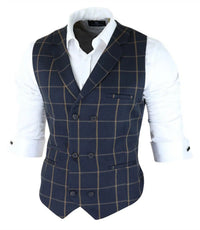 Colete masculino clássico xadrez Príncipe de Gales, azul-marinho, corte slim, estilo vintage para casamento.