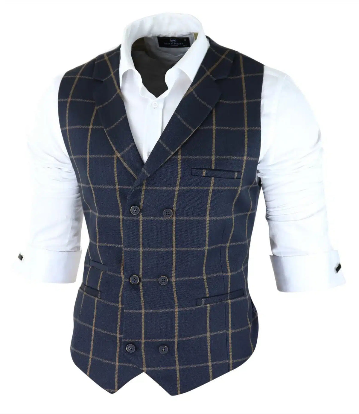 Colete masculino clássico xadrez Príncipe de Gales, azul-marinho, corte slim, estilo vintage para casamento.