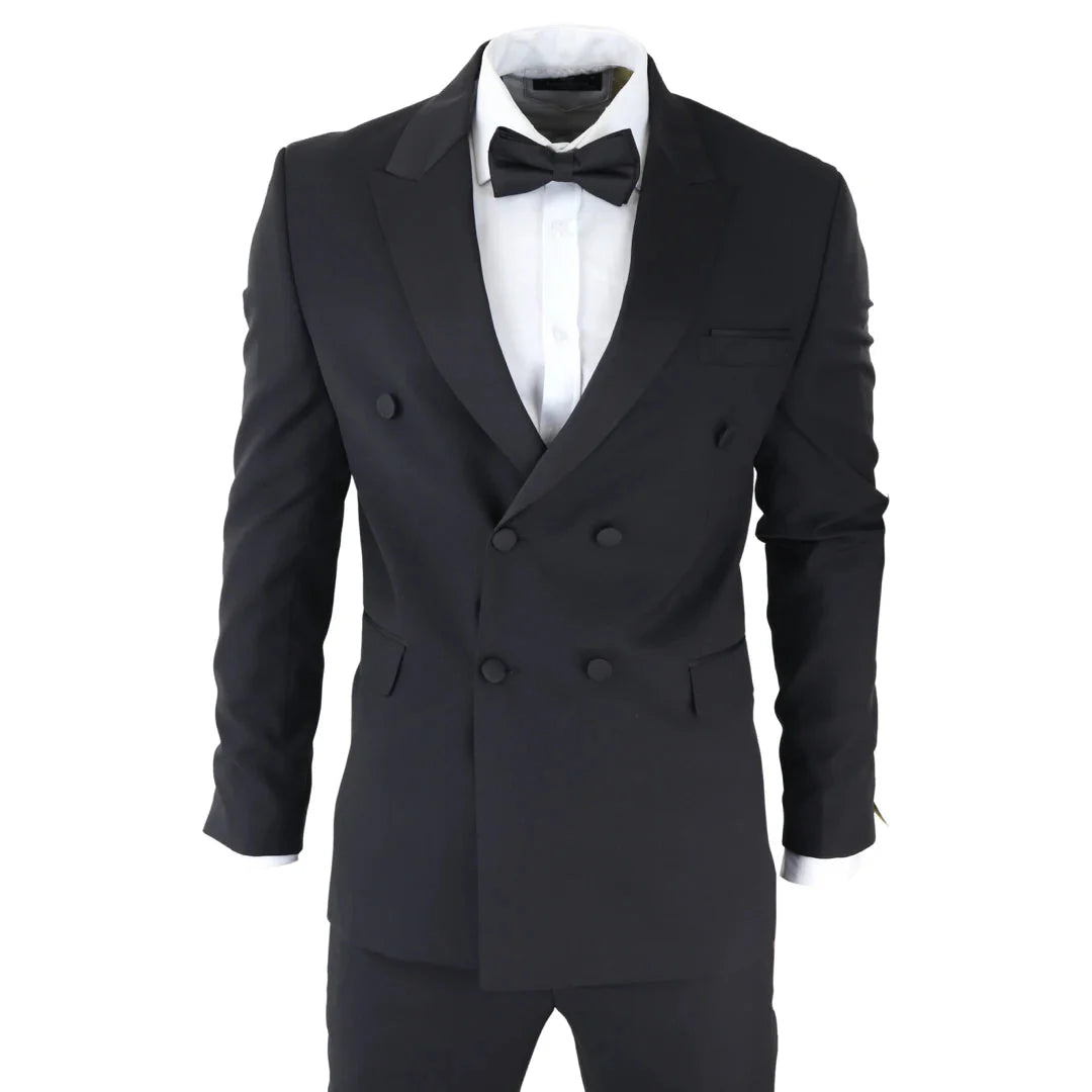 AK-22 - Terno Smoking Preto Masculino de Abotoamento Duplo para Jantar ou Casamento