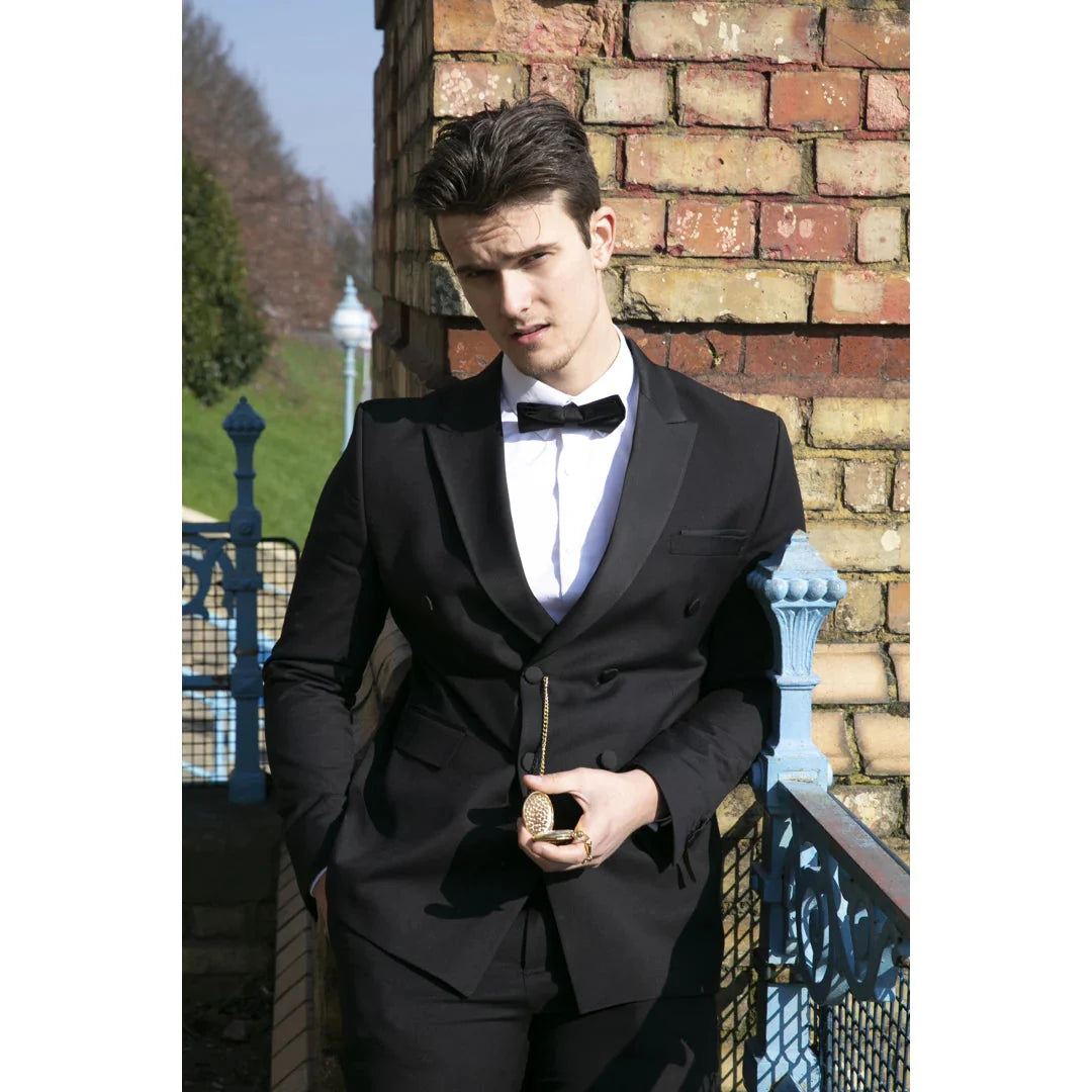 AK-22 - Terno Smoking Preto Masculino de Abotoamento Duplo para Jantar ou Casamento