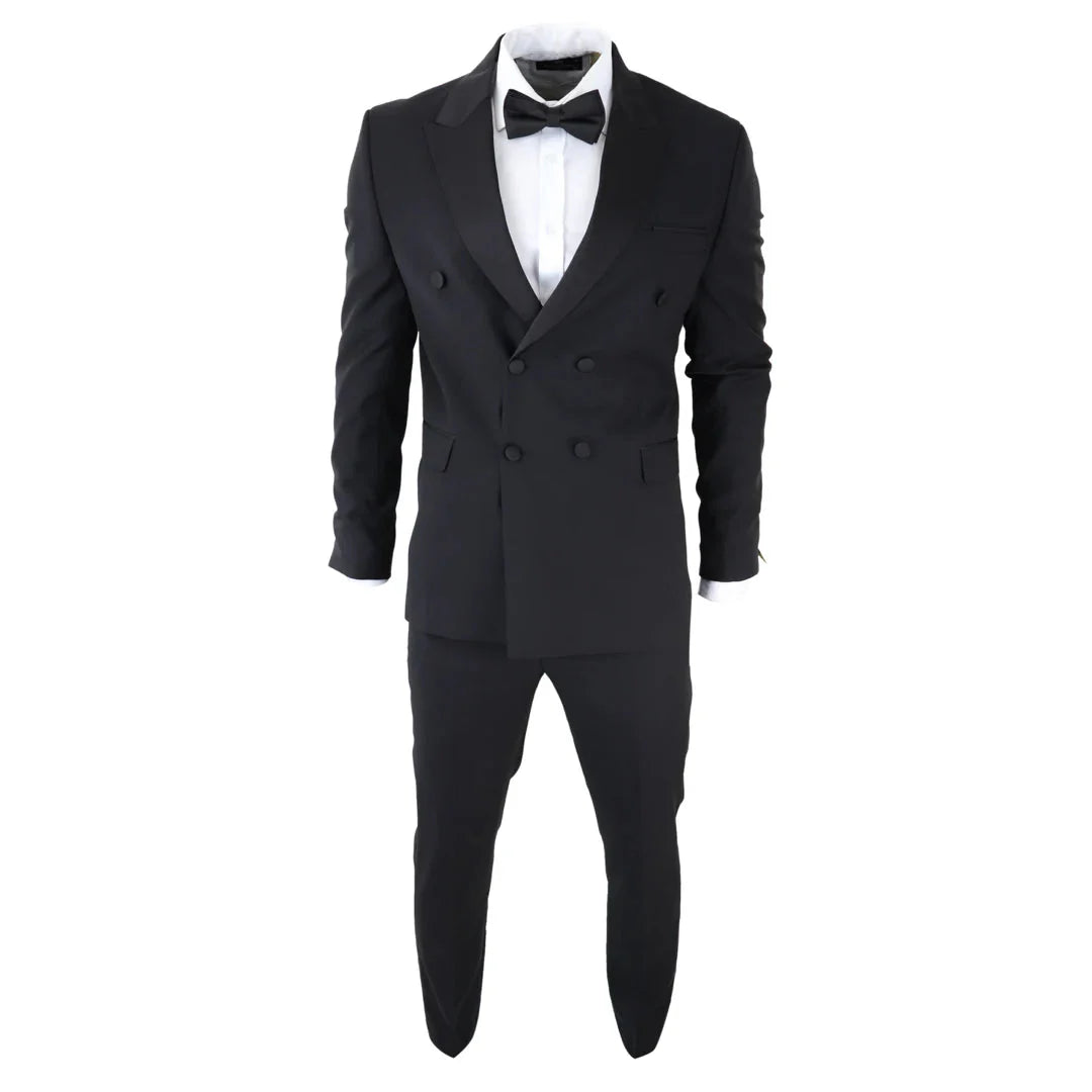AK-22 - Terno Smoking Preto Masculino de Abotoamento Duplo para Jantar ou Casamento