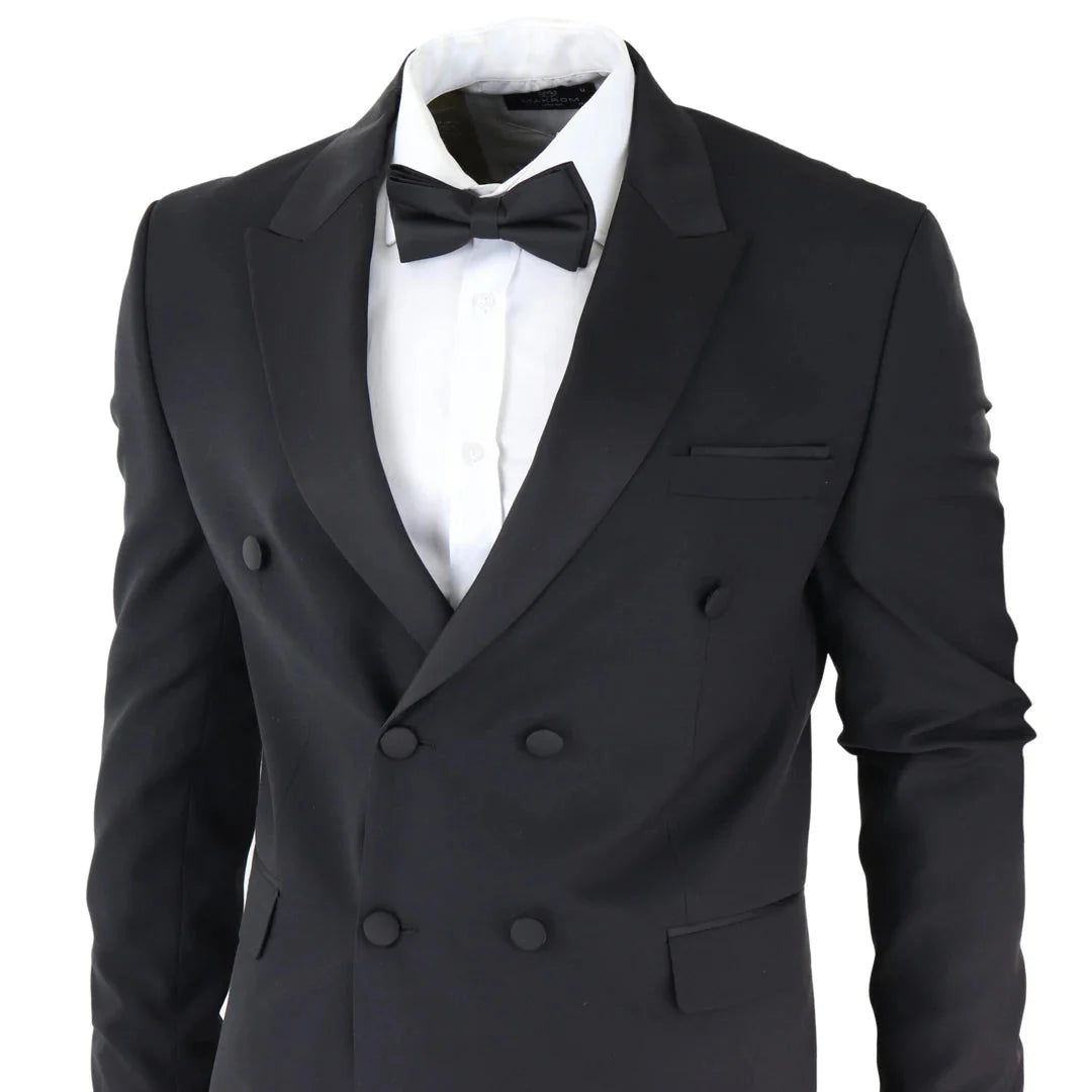 AK-22 - Terno Smoking Preto Masculino de Abotoamento Duplo para Jantar ou Casamento