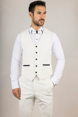 Smoking de casamento masculino AK-24 branco de três peças em veludo com lapelas pretas.