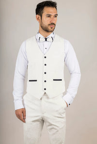 Smoking de casamento masculino AK-24 branco de três peças em veludo com lapelas pretas.