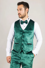 Smoking de casamento masculino AK-25 verde esmeralda de três peças em veludo com lapelas pretas.