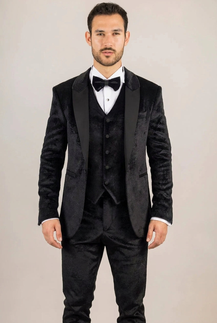 Smoking de casamento AK-26 masculino preto de 3 peças em veludo com lapelas de cetim.