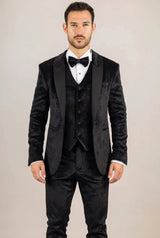 Smoking de casamento AK-26 masculino preto de 3 peças em veludo com lapelas de cetim.