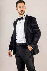 Smoking de casamento AK-26 masculino preto de 3 peças em veludo com lapelas de cetim.