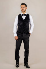 Smoking de casamento AK-26 masculino preto de 3 peças em veludo com lapelas de cetim.