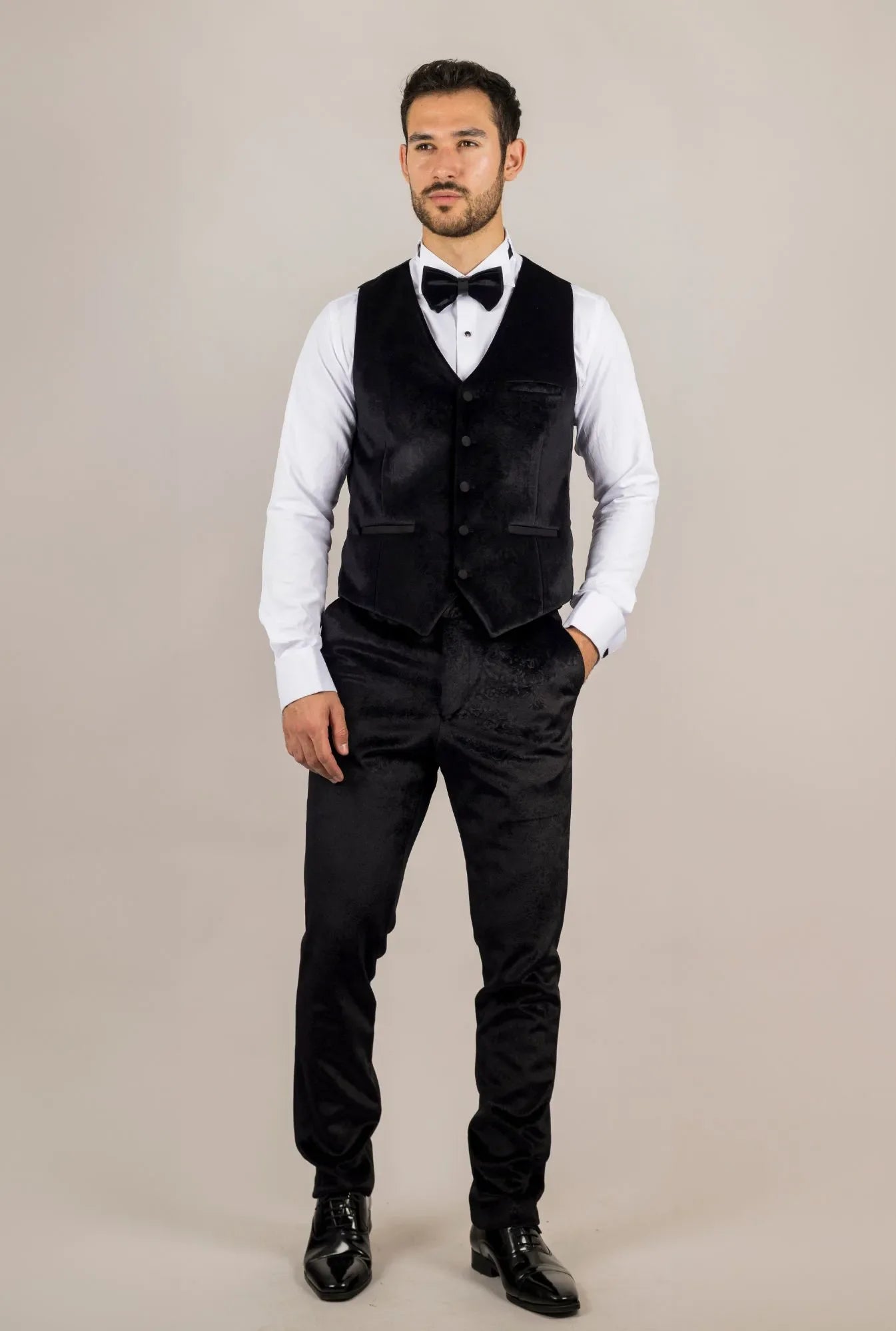 Smoking de casamento AK-26 masculino preto de 3 peças em veludo com lapelas de cetim.