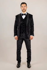 Smoking de casamento AK-26 masculino preto de 3 peças em veludo com lapelas de cetim.