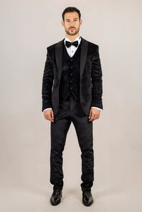 Smoking de casamento AK-26 masculino preto de 3 peças em veludo com lapelas de cetim.