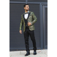 AK-28 - Terno de casamento masculino de 3 peças com estampa paisley verde