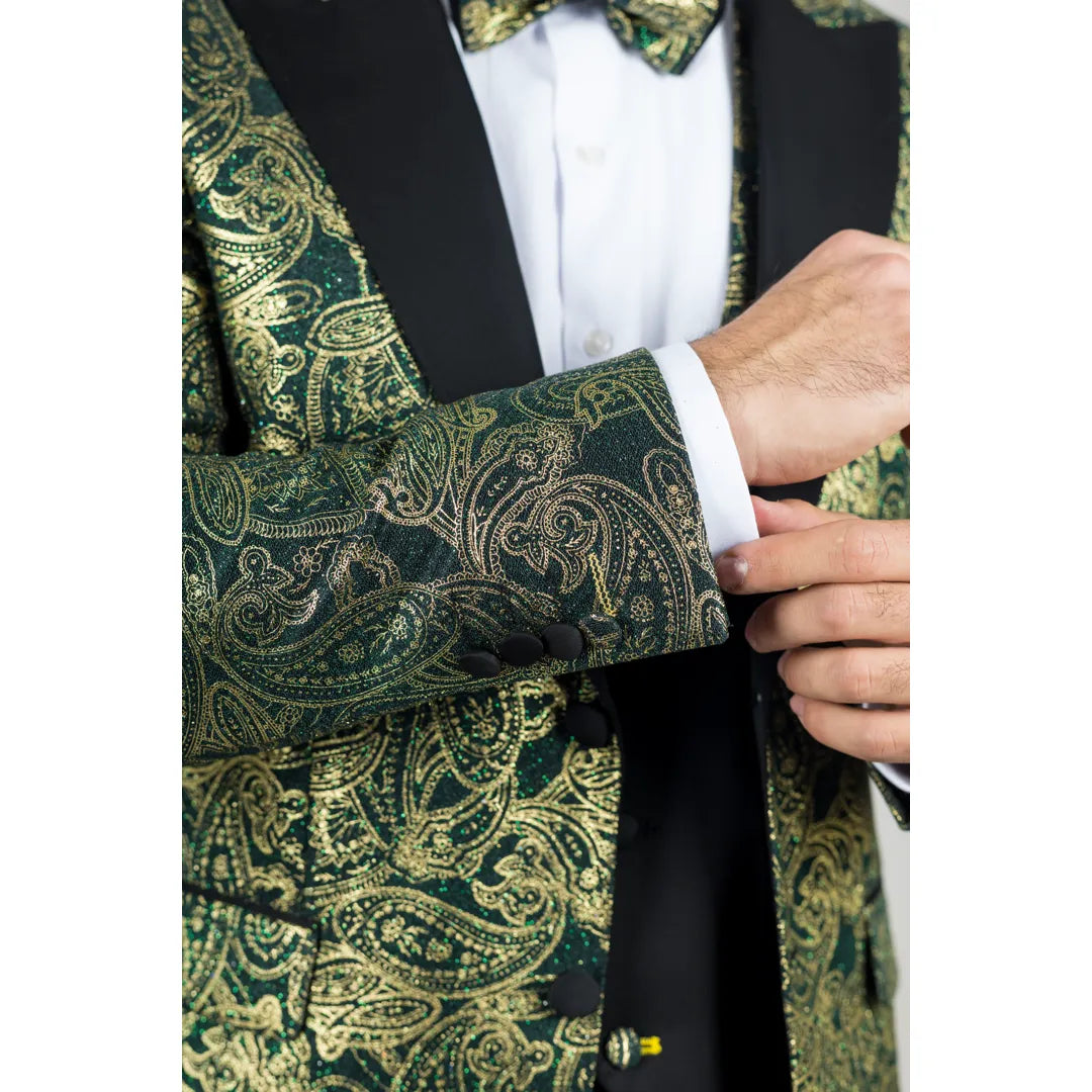 AK-28 - Terno de casamento masculino de 3 peças com estampa paisley verde