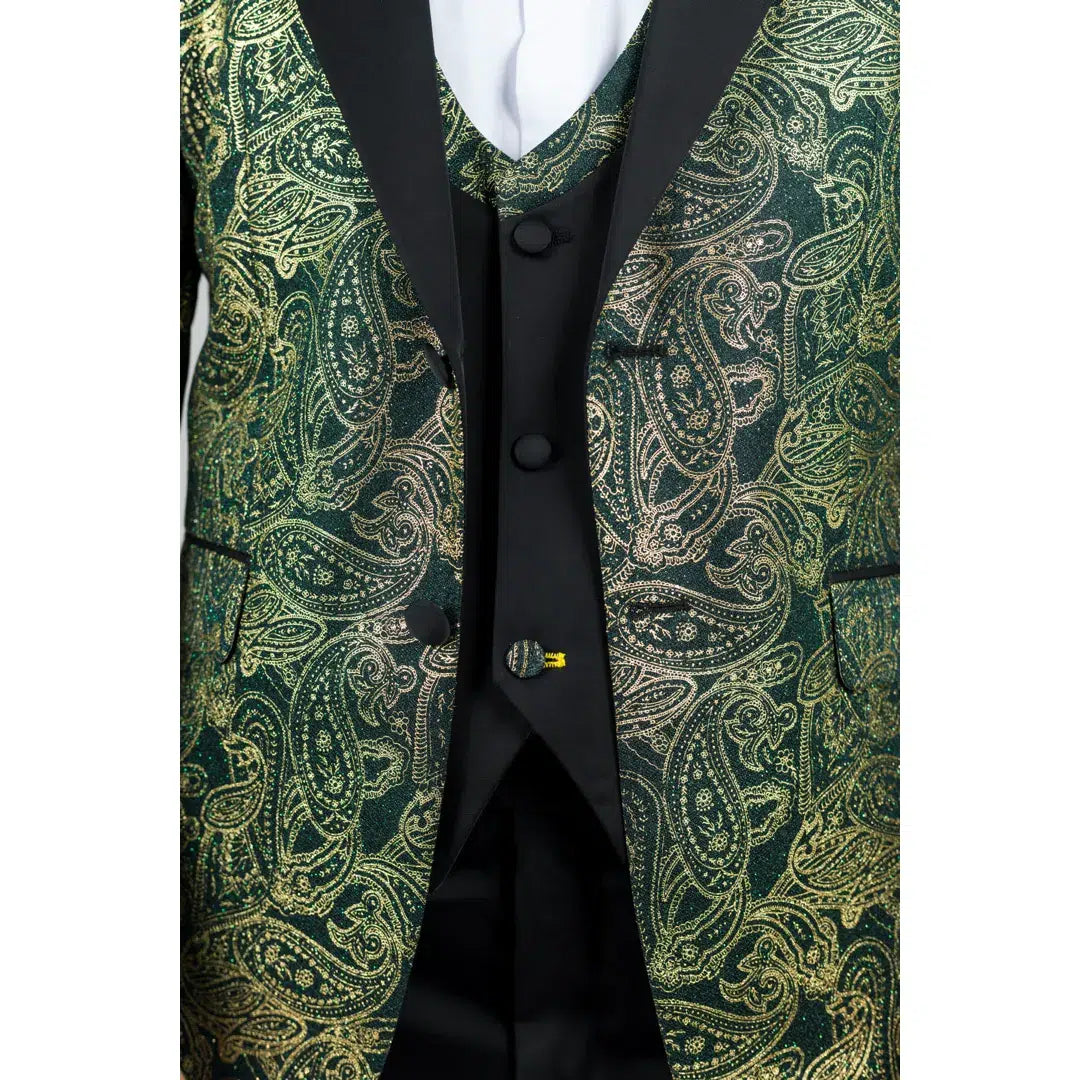 AK-28 - Terno de casamento masculino de 3 peças com estampa paisley verde