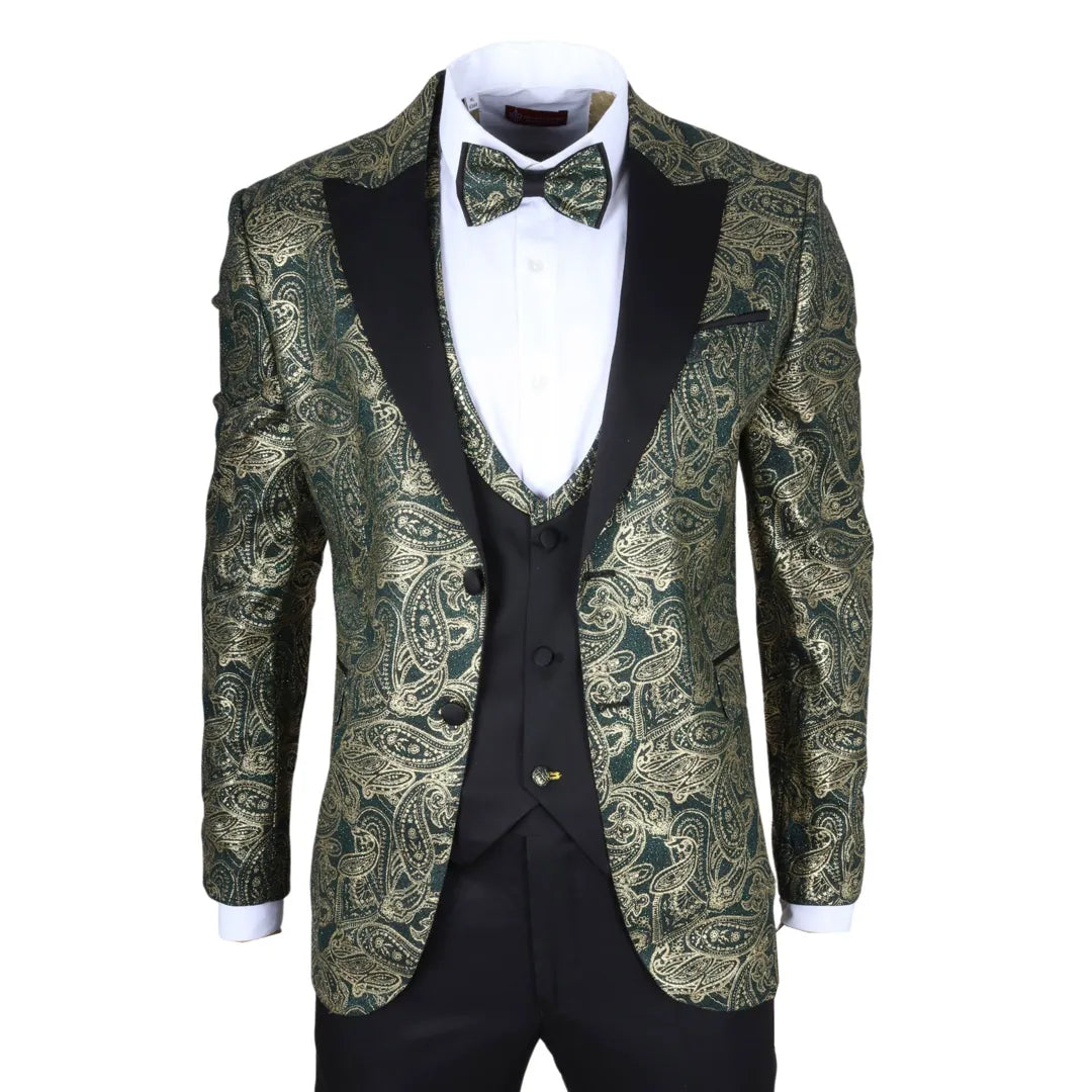 AK-28 - Terno de casamento masculino de 3 peças com estampa paisley verde