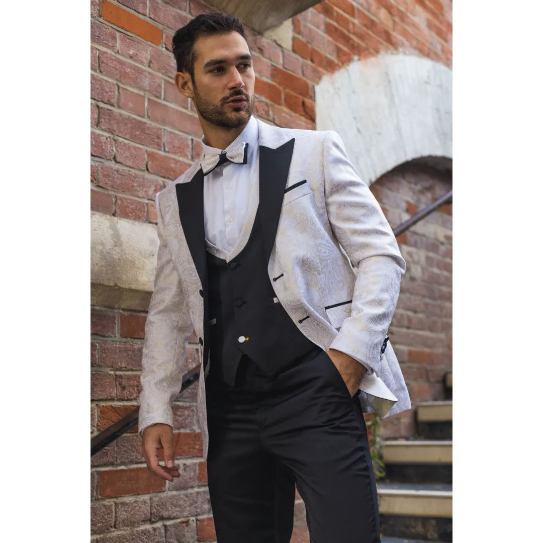 AK-29 - Terno de casamento masculino de 3 peças branco com estampa paisley