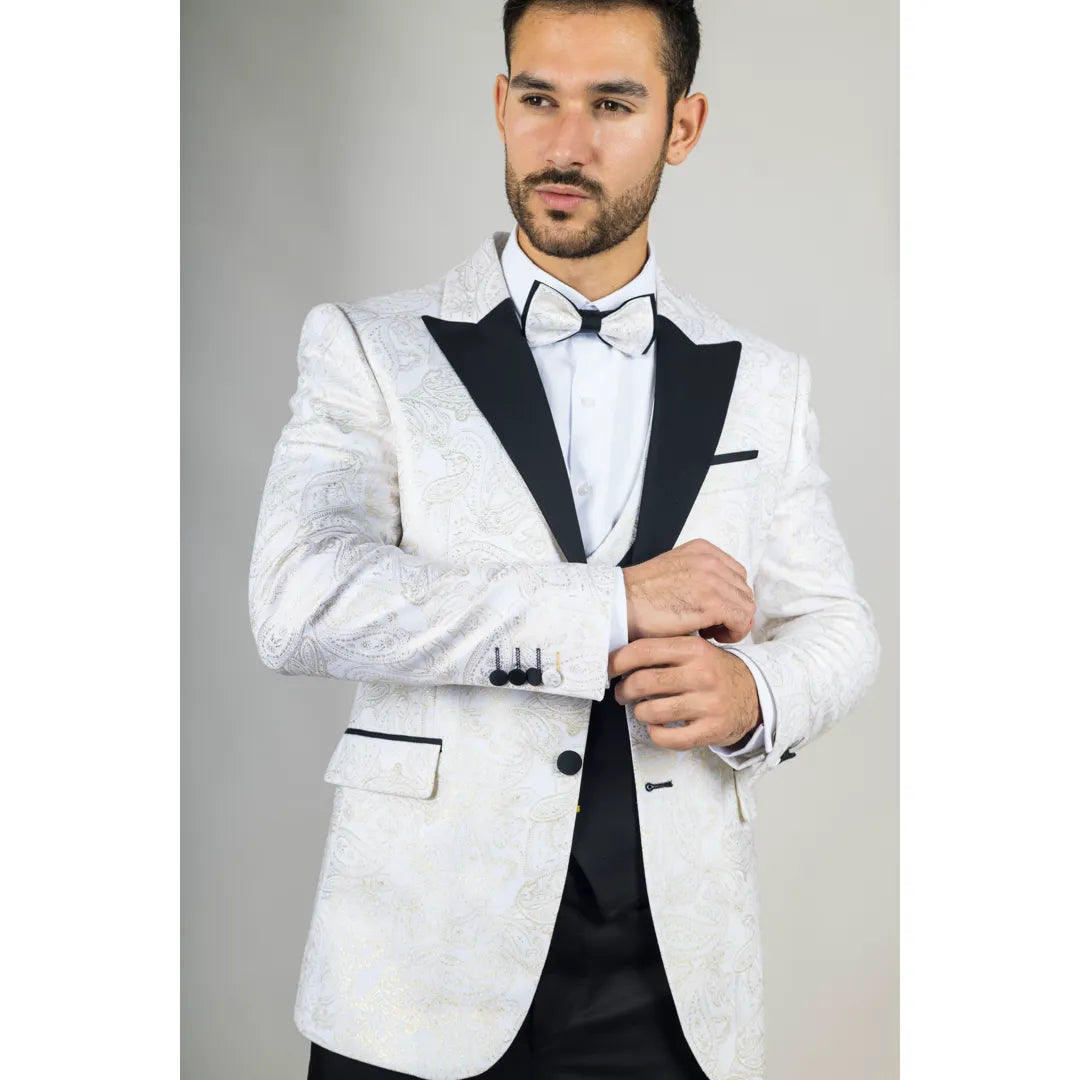 AK-29 - Terno de casamento masculino de 3 peças branco com estampa paisley